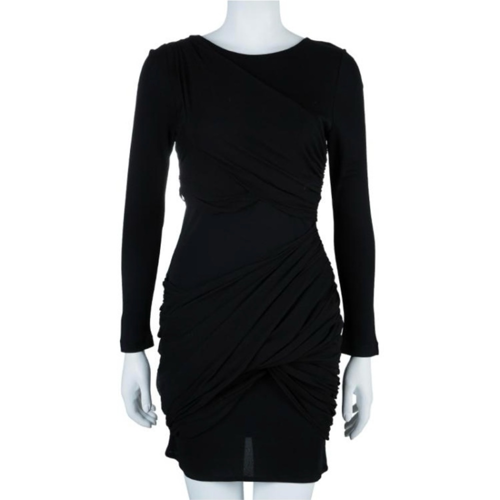 Alice + Olivia Air Ruched Long Sleeve Silk Blend Black Dress